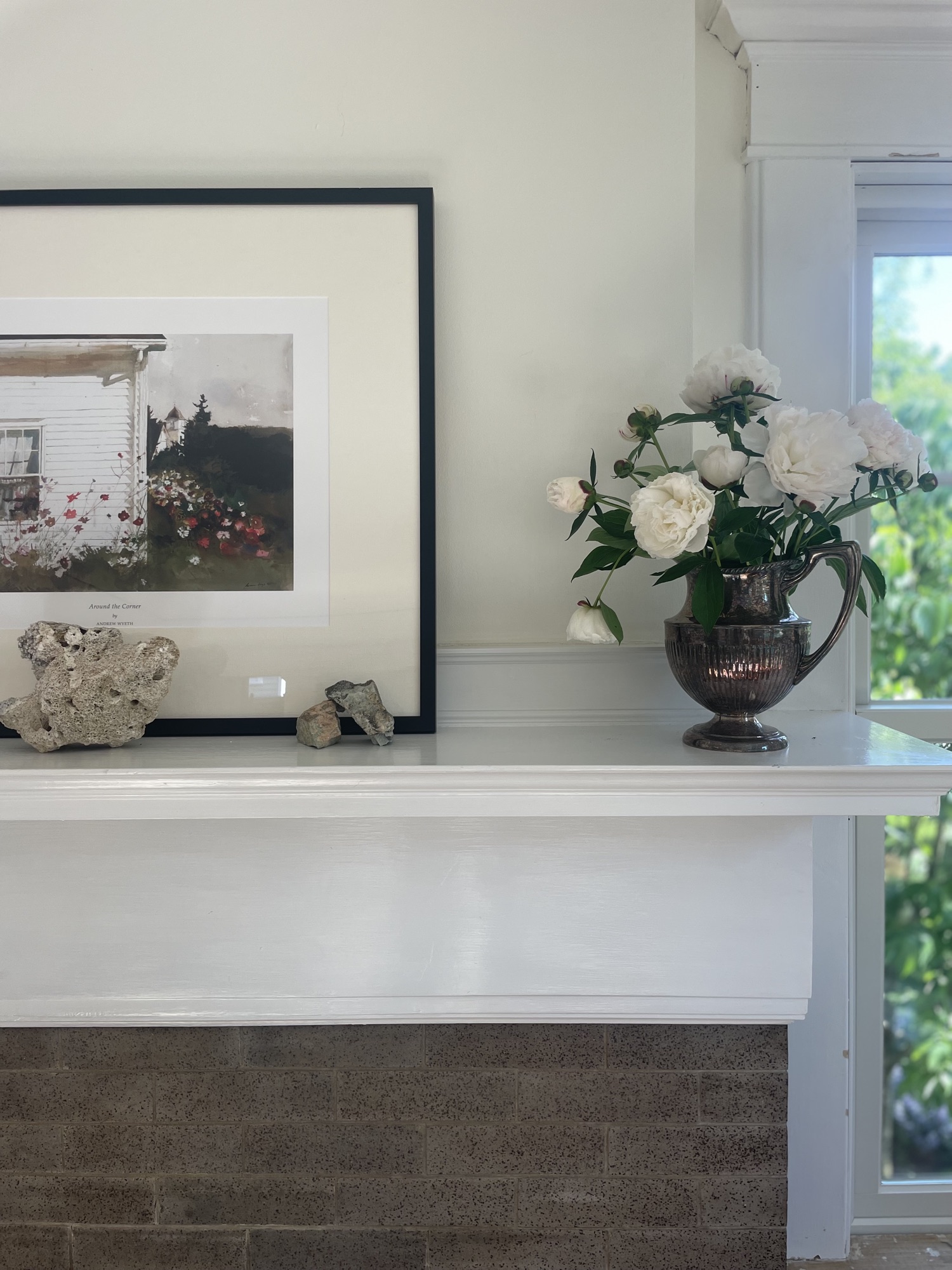 Mantel — Wyeth, peonies, found stones